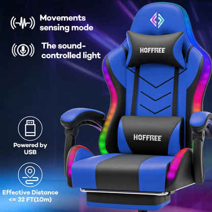 300lbs Load RGB Gaming Chair with Speakers Ergonomic Massage Computer Gaming Chair with LED Lights and Footrest High Back Video