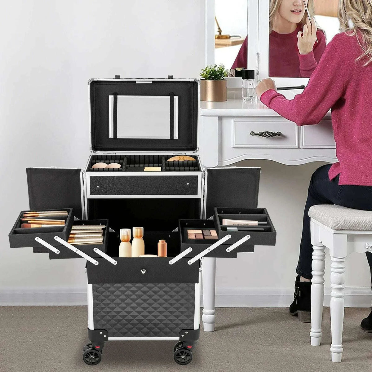 Multi-tier Rolling Makeup Case, Heavy-duty ABS and Fiberboard Construction, Ergonomic Handle, Perfect for Hairstylists