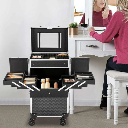 Multi-tier Rolling Makeup Case, Heavy-duty ABS and Fiberboard Construction, Ergonomic Handle, Perfect for Hairstylists