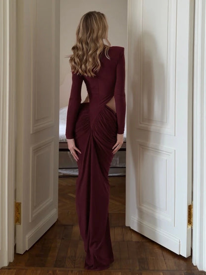 Sexy High Neck Waist Hollow Out Ruched Long Dresses for Women Long Sleeves Folds Bodycon Dress Evening Party Club Cocktail Gowns