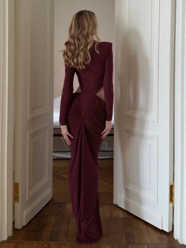 Sexy High Neck Waist Hollow Out Ruched Long Dresses for Women Long Sleeves Folds Bodycon Dress Evening Party Club Cocktail Gowns