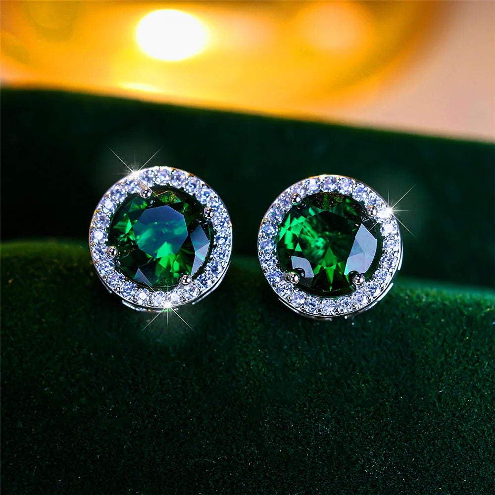 Luxury Female Crystal Purple Blue Green Round Stud Earrings Silver Color Wedding Jewelry For Women | Kimlud Luxury Jewelry