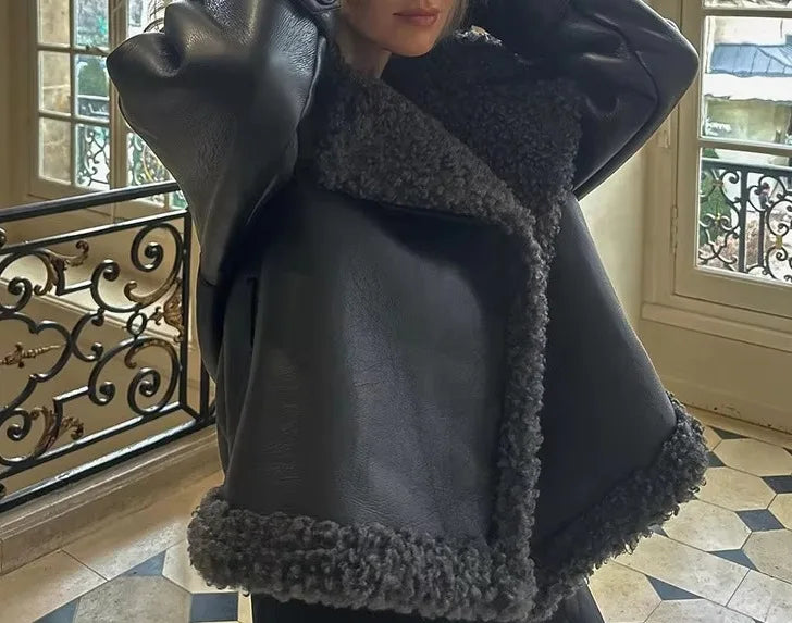 Faux Fur Leather Long Jacket Women Lapel Long Sleeve Belt Thicken Female Coats Winter Fashion Street Patchwork Lady Outwear