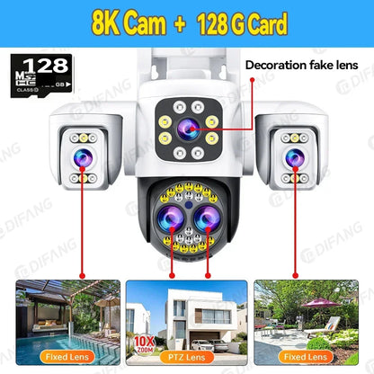 8K 16MP CCTV Wireless WiFi IP Camera Outdoor Four Lens Triple Screen Video Surveillance PTZ Yoosee Onvif  Home Security Camera