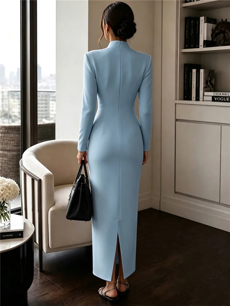 2026 Women's Fashion Evening Party Elegant Long Dress Solid V-Neck Long Sleeve Sheath Bodycon Maxi Dresses White Black Clothing