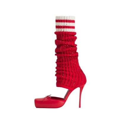 European AndAmerican Trendy High-heeled Square Toe Ballet Shoes for Women,sexy Rhinestone Bow Bag and Long Tube Socks,cool Boots - Kimlud