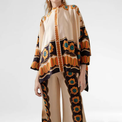 2 Piece Sets Fashion Women's Irregular Geometric Print Pants Sets Long Sleeve Shirts And Wide Leg Pants Stylish Streetwear Suit