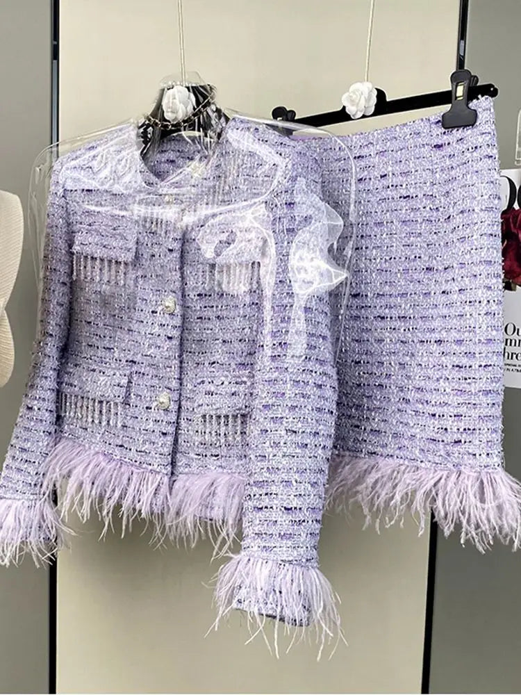 High Quality Elegant Violets Tweed Women Set Single-breasted Feather Beaded Tassel Jacket & High Waist Shorts Suit Fashion Party