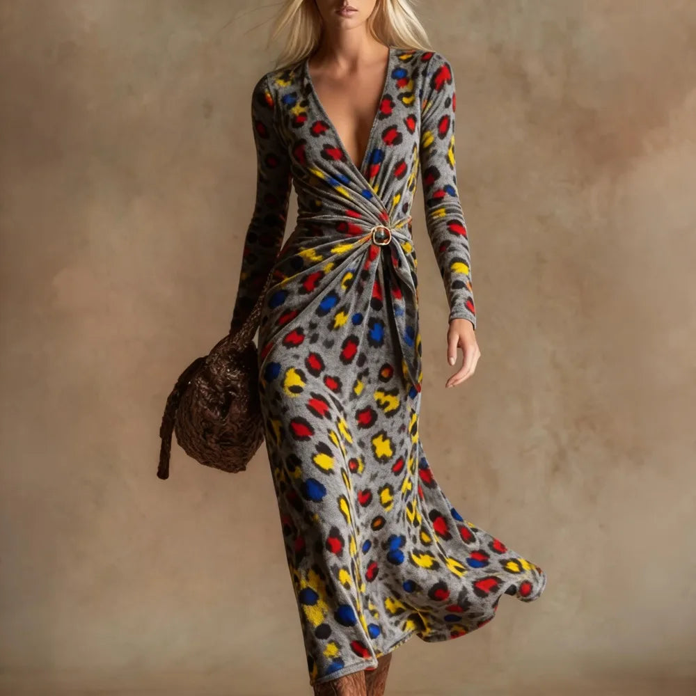 Sexy Leopard Print Velvet Maxi Dress Women Long Sleeve V Neck Twist Front Elegant Cocktail Party Dress Vacation Evening Dress