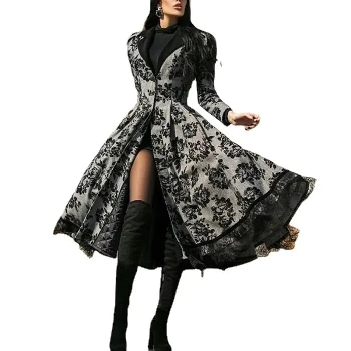 Ladies Autumn and Winter New Lace Patchwork Vintage Long V-neck Trench Coat，Solid Color Print Big Swing Trench Coat for Women