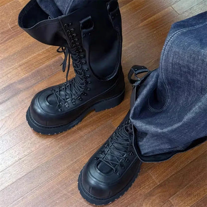 Handheld Boot for Couples Super Cool Big Toe Cross Strap High Top Lace Up Work Boot Men Black Leather Chunky Heel Knee High Boot