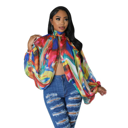 Women See Through Sheer Chiffon Blouse Sexy Front Back Open High Neck Self Tie Shawl Casual Shirts Y2K Night Club Party Tops