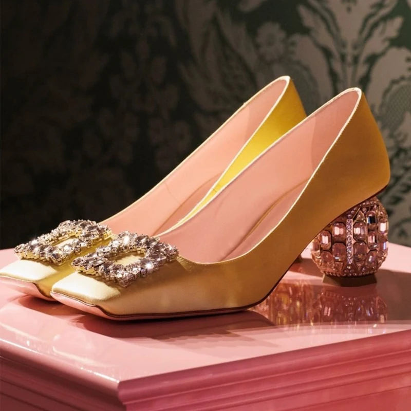 New Rhinestone High Heels Women Slip-On Pumps Women Square Toe Party Crystal Dress Shoes Femmes Chaussures Zapatos De Mujer - Kimlud