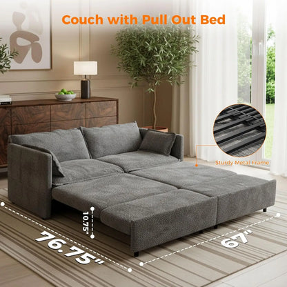 73in 3-in-1 Convertible Sofa Bed USB&C Ports Corduroy Sleeper with Side Pockets Living Room Bedroom Apartment Grey,...