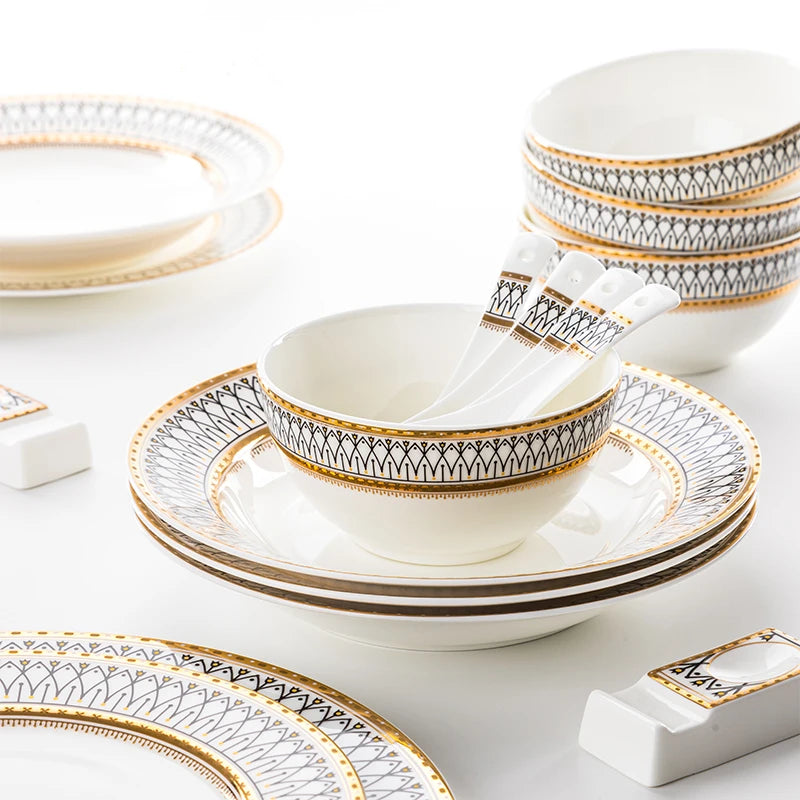Nordic Fine Bone China Plates Set Dinner Serving Kitchen Dessert Plate Dish Tableware Porcelain Plate Bowl Dishware Service Set - Kimlud