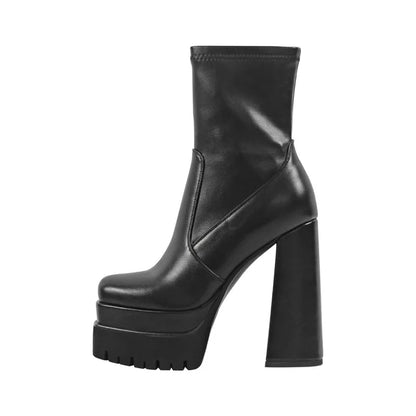 Onlymaker Women Quare Toe Double Platform Block Heel Ankle Boots Zipper Chunky Heel Black Matte Fashion Lady Ankle Boots
