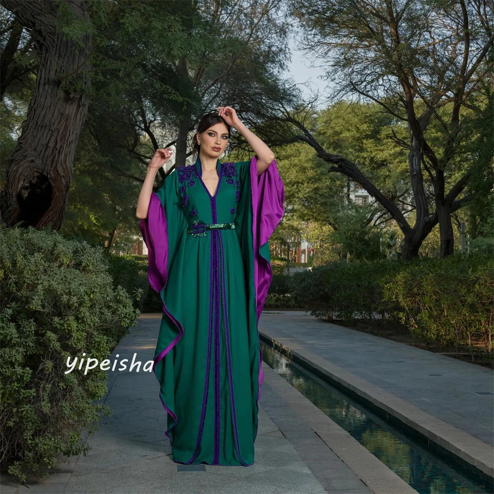 Customized   Jersey Flower Sashes Ruched Wedding Party A-line V-neck Bespoke Occasion Gown Long Dresses
