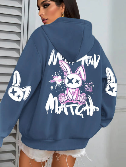 Mix And Match Cartoon Rabbit Prints Women Hoodie Pocket Streetwear Harajuku Loose Hoody All-Match Fleece Female Clothing