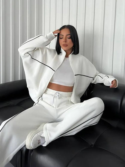 New 2 Piece Sets Women Outfit Casual Pant Set Sportswear Long Sleeve Cardigan Lace Up Clothing Two Piece Suits Zipper Sweatshirt - Kimlud