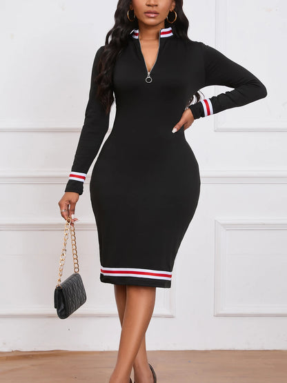 Womens Elegant Turtleneck Zipper Work Office Long Sleeve Striped Business Casual Party Pencil Bodycon Sheath Midi Dress