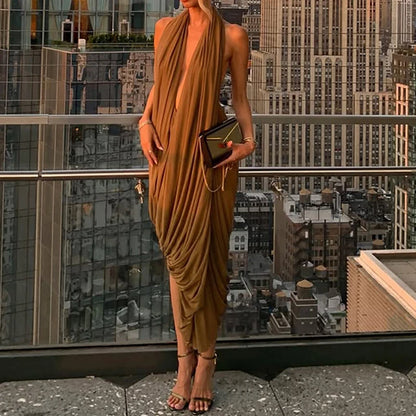 Fashion Irregular Ruffles Slim Dress Sexy Hollow Out Sleeveless Backless Dress Summer New Solid Hollow Out Party Dress for Women - Kimlud