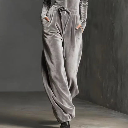 2026 Spring Retro Solid Velvet Women's Jumpsuit Elegant Half Zip Stand Collar Drawstring Waist Overalls Casual Streetwear Romper - Kimlud