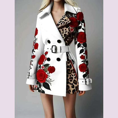 New Women's Spring Rose Leopard Print Suits Spring Office Elegant Slim Long Sleeve Coats Clothing With Belt For Women 2025 White