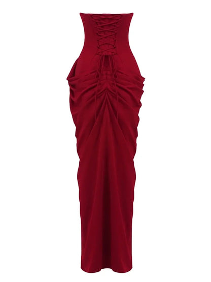 Sexy Strapless Folds Ruched High Split Long Dress Women Sleeveless Backless Lace-up Slim Dresses Celebrity Evening Party Gowns