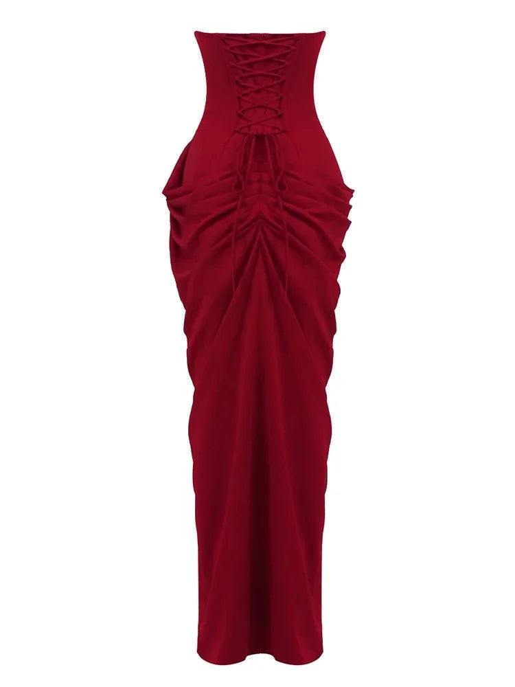 Sexy Strapless Folds Ruched High Split Long Dress Women Sleeveless Backless Lace-up Slim Dresses Celebrity Evening Party Gowns
