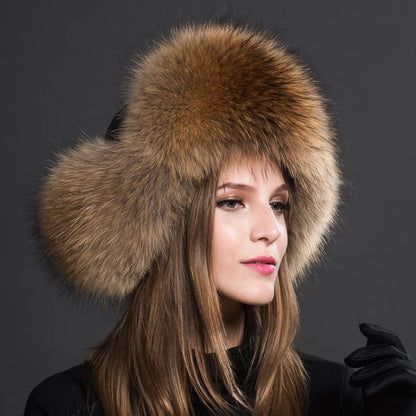 Women Natural Raccoon Fur Caps Ushanka Hats for Winter Thick Warm Ears Fashion Bomber Pom Pom Hat Lady Real Fox Fur Cap...