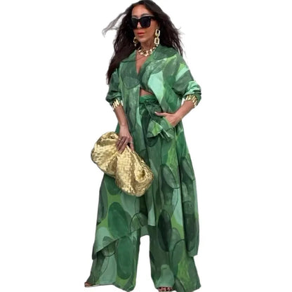 Women Two Pieces Pant Sets Print Cardigan Long Shirts Loose V Neck Button Shirt Spliced Casual Wide Leg Pants Suits Lady