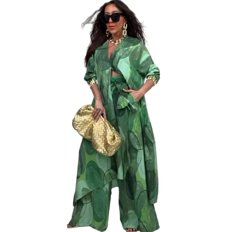Women Two Pieces Pant Sets Print Cardigan Long Shirts Loose V Neck Button Shirt Spliced Casual Wide Leg Pants Suits Lady