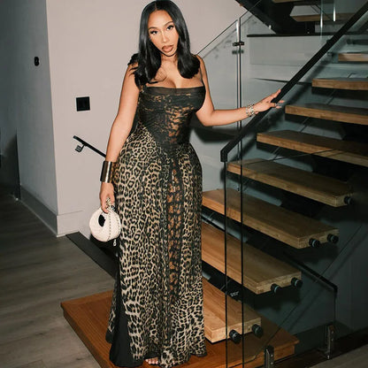 2025 Summer Fashion New Women's Elegant Strap Leopard Pattern Street Style Printed Slimming High Waist Long Dress
