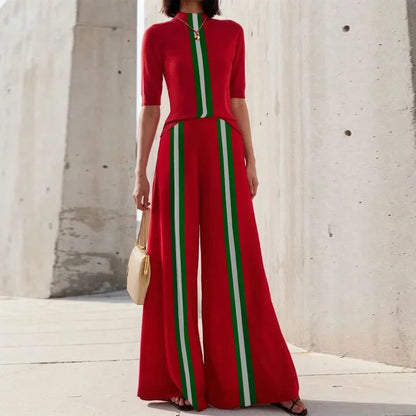 Krisstarsgirls Women Stripe Skinny T-Shirts Red 2025 Summer Half Sleeves Mock Neck Woman Leisure Contrast Color Tops Office Lady