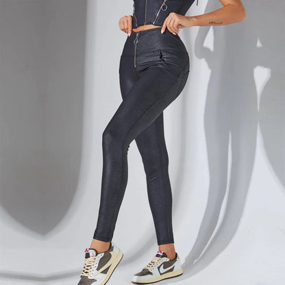 Shascullfites lulu Female Crackle Black Coated Ring Zipper Leggings High Waist Hot Pants for Women Sculpture Leggings Push Up
