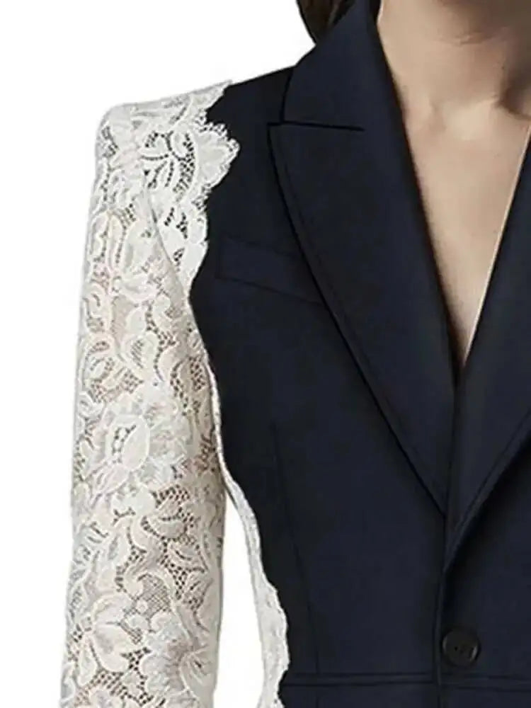 DEAT Fashion Women's Blazer New Fashion Notched Lace Patchwork Long Sleeve Contrast Suit Jackets Female Spring 2025 17A1298