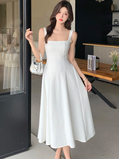 2026 New White Square Collar Sling Sexy Long Dress Women Elegant Luxury Dance Party Dress Summer Korean Vintage Bodycon Vestidos - Kimlud
