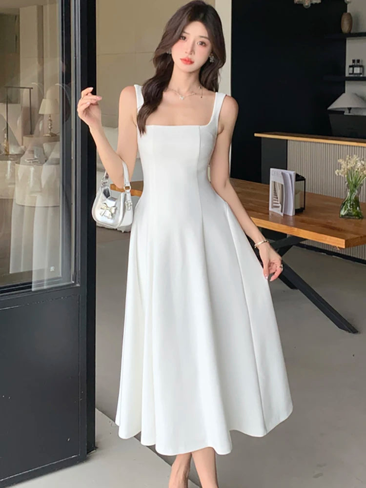 2026 New White Square Collar Sling Sexy Long Dress Women Elegant Luxury Dance Party Dress Summer Korean Vintage Bodycon Vestidos - Kimlud