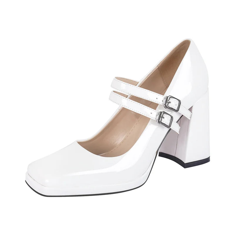 Onlymaker Women Square Toe Mary Jane Buckle Strap Chunky Heel Black Patent Leather Pumps