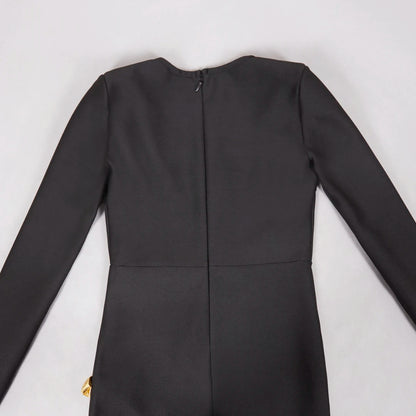 2025 New Fashion Women Long Sleeve Sexy Square Collar Gold Florals Bodycon Mini Bandage Dress Celebrate Nightclub Party Wear - Kimlud