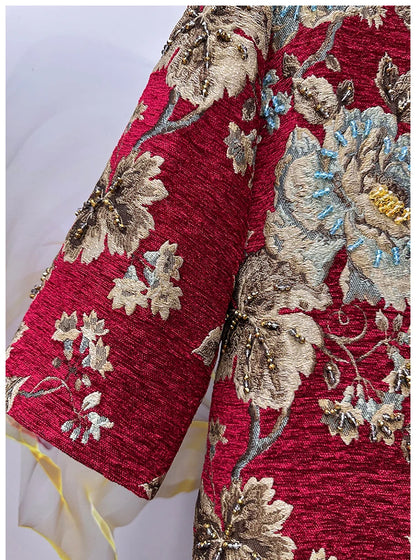 Autumn Winter New Women's Velvet Beaded Round Neck 3/4 Sleeve Burgundy Mid-Length Coat Chenille Texture Luxury Jacket