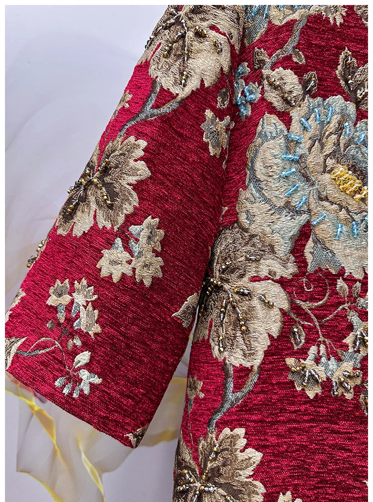 Autumn Winter New Women's Velvet Beaded Round Neck 3/4 Sleeve Burgundy Mid-Length Coat Chenille Texture Luxury Jacket