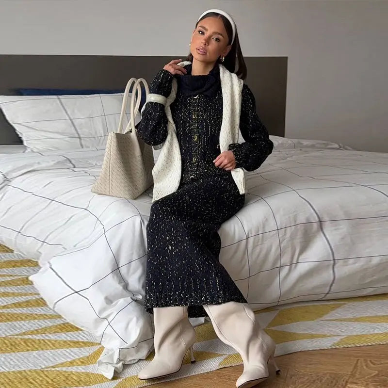 Fashion Knitted Long Skirts Sets Women Lapel Full Sleeve Single Breasted Sweater Hip Package Slim Skirt 2026 Spring Lady Outfits