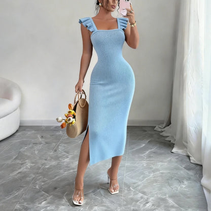 Women's Square Neck Ruffle Strap Sleeveless Side Slit Stretchy Ribbed Knit Bodycon Maxi Dress Party Wedding Long Dress Outfits