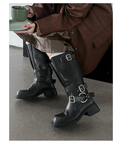 Women's Boots Half High Square Toe Footwear Brown Biker Shoes For Woman Mid Calf Middle Heel Comfortable And Low Price Pu Goth