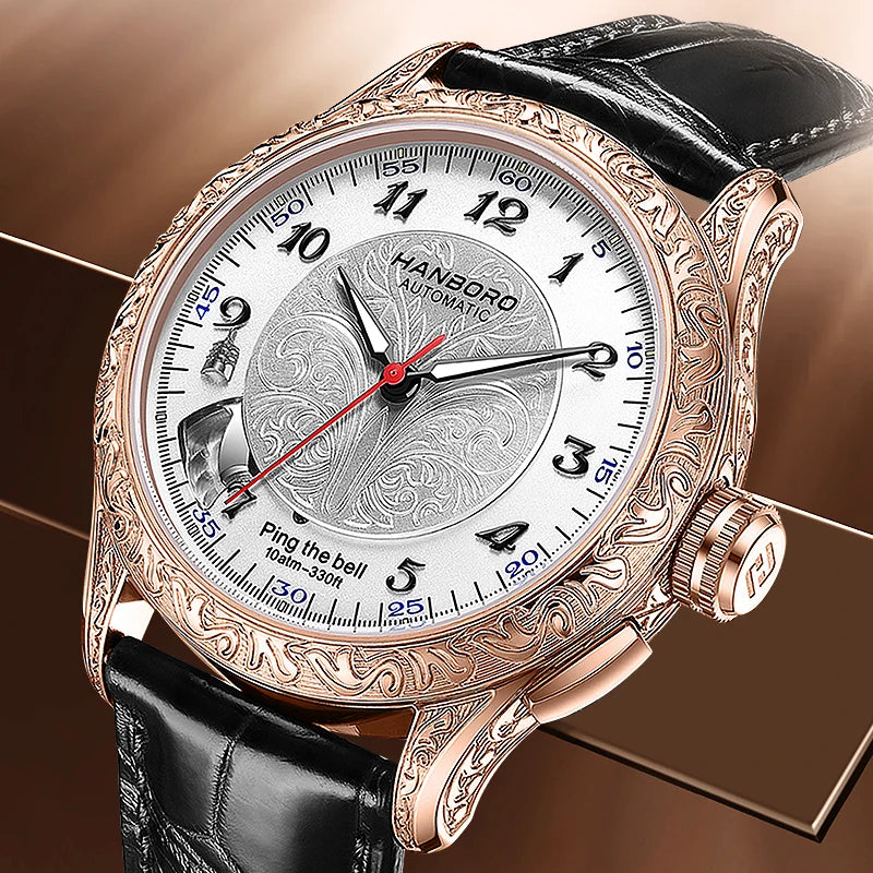 HANBORO Mechanical Alarm Watch Men Automatic Ping Bell Hourly Chime Luxury 100M Waterproof Sapphire Steel Business...