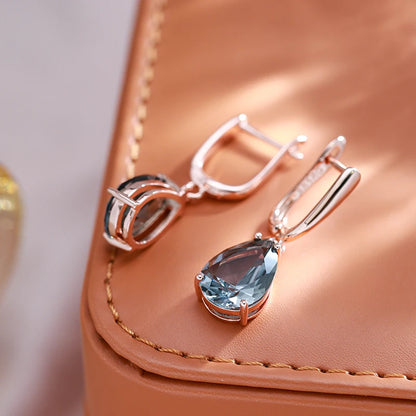 Kinel New Grey Crystal Long Water Drop Dangle Earrings Women 585 Rose Gold Color With Natural Zircon High Quality Daily Jewelry