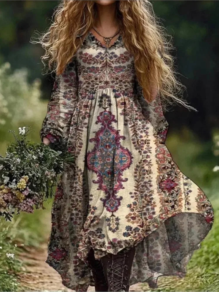 Boho Vintage Print Long Dresses For Women 2025 Casual V Neck Full Sleeve Splice High Waist Loose Dress Autumn Fashion Vestidos - Kimlud