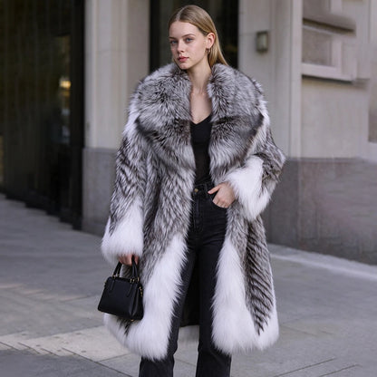 Long Fox Fur Coat With Turndown Collar Combined Fox Fur Jacket Real Silver Fox Fur Coat New Natural Fur Coats For Women