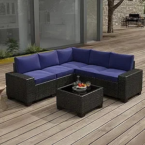 6 Pieces Patio Furniture Set, Outdoor Sectional Set of 6 w/Wide Armrest, Waterproof Wicker Conversation Set for...